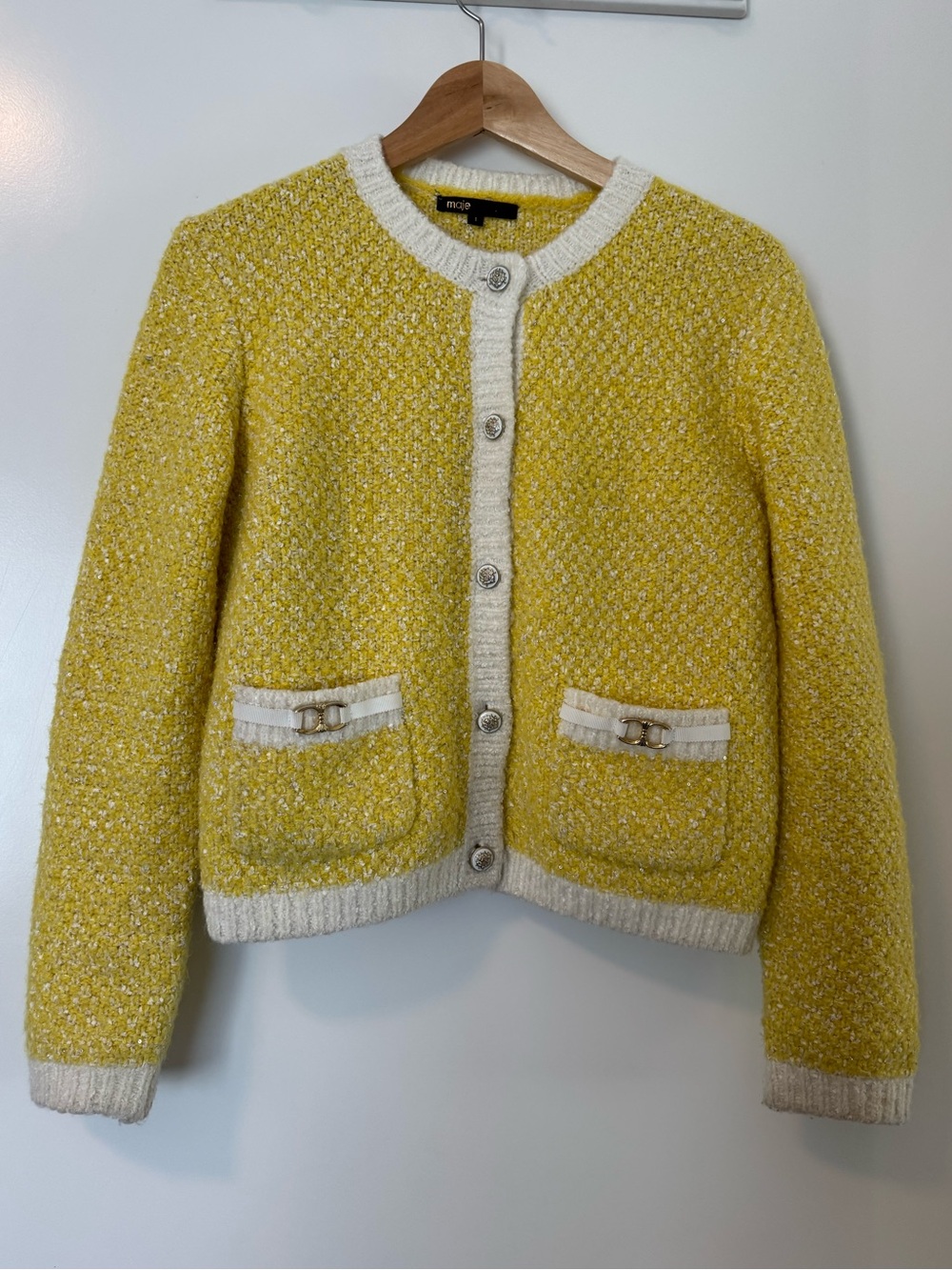 Maje Yellow Bouclé Knit Cardigan Jacket Size 1